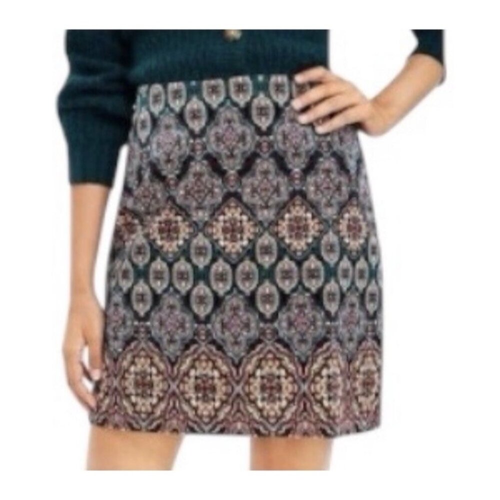 Loft Multicolor Tapestry Print Boho Cottege Preppy Corduroy Pencil Skirt Size 10